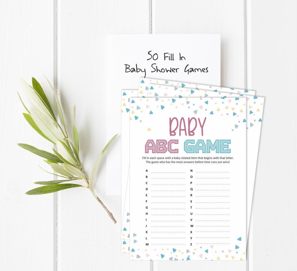 Inkdotpot Gender Reveal Baby Shower Game Set Of 50 BabyA AlphabetA ABCA Game Ita s A Boy Ita s A Girl Party