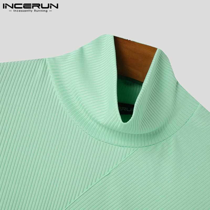 INCERUN Летние мужские футболки с высоким воротом и коротким рукавом в рубчик, облегающие повседневные футболки, топы