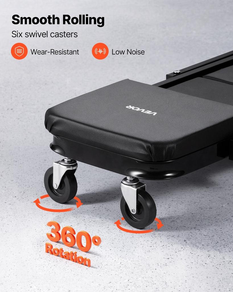 1015mm 3-in-1 Folding Mechanic Creeper, Heavy Duty Z-Creeper Garage Roller, 218 kg Under Car Rolling Creeper with 6 Swivel Casters, Padded Seat for