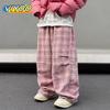 Men's Pink Vintage Oversized Plaid Pants Summer Baggy Wide Leg Pants Drawstring Y2K Streetwear Trousers Japanese Korean Clothes