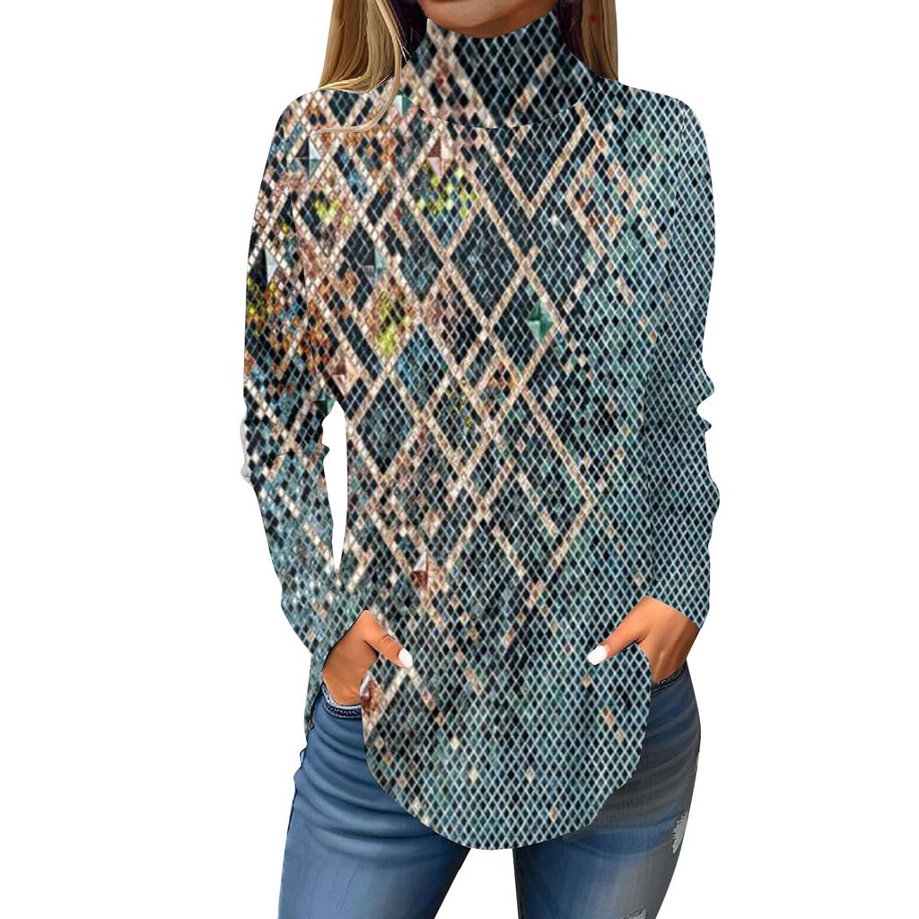 Women's Fashionable Casual High Neck Retro Printed Long Sleeve T-Shirt Pullover Top