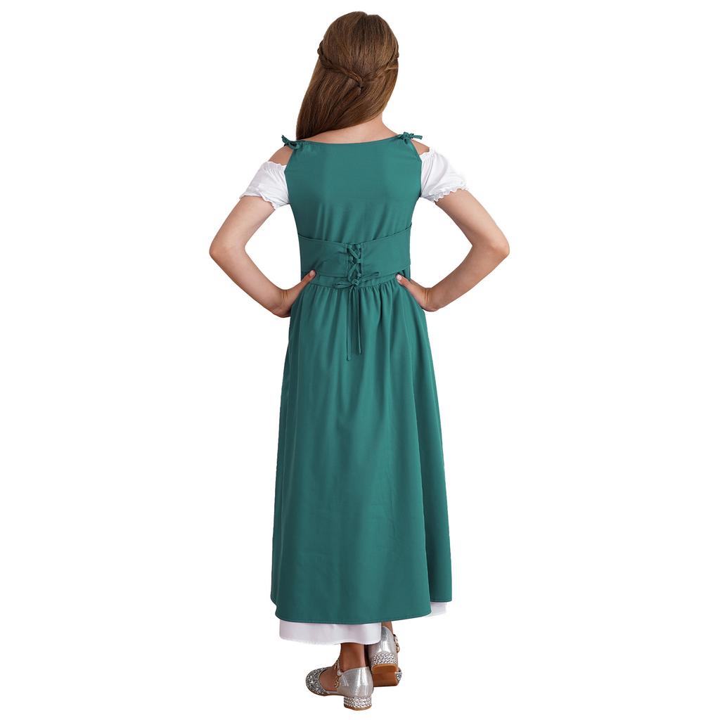 Girls Renaissance Dress Medieval Costume Square Neck Short Sleeve Lace Up High Waist Ruffle Fancy Dress