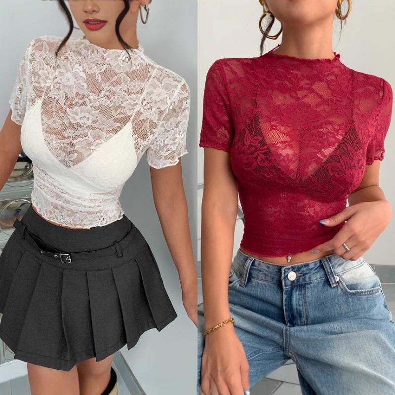 Новый весенне-летний топ с полувысоким воротом, кружевом и черными ушками, тонкий сексуальный, утягивающий
