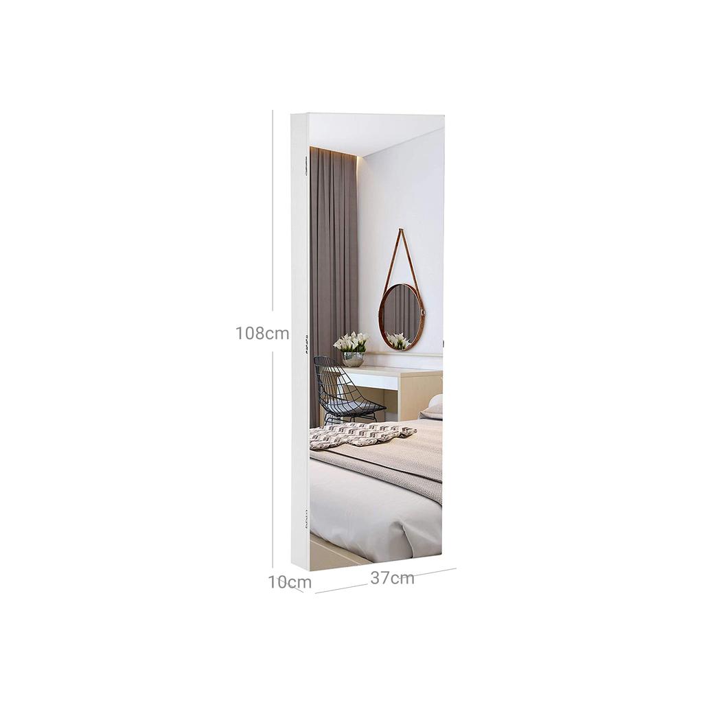 SONGMICS Jewellery Cabinet, Frameless Extra Wide Mirrored Storage Stand, Jewellery organiser with Hooks and Built-in Mirror, Makeup, Lockable