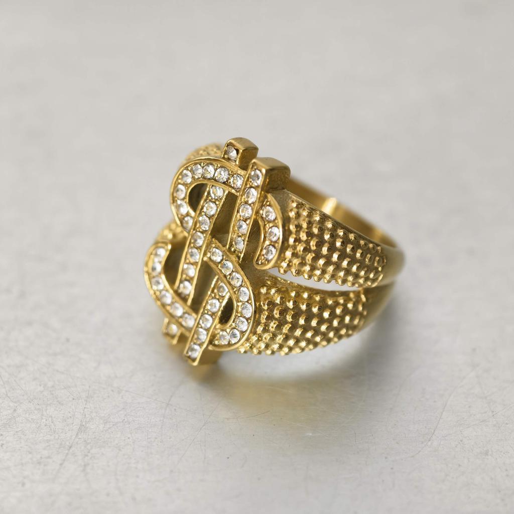 New Hip Hop Iced Out Bling Money Dollar Signs Ring Gold Color Stainless Steel Big Rapper Rings For Men Hippie Party Jewelry Gift