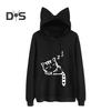 Women Fall Winter Hoodie with Big Pocket Cat Ear Decor Kitty Printing Hooded Full Sleeves Loose Pullover Home School Sport Top