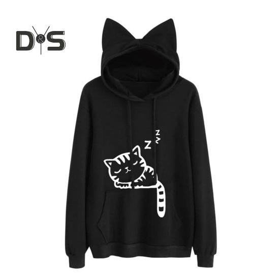 Women Fall Winter Hoodie with Big Pocket Cat Ear Decor Kitty Printing Hooded Full Sleeves Loose Pullover Home School Sport Top