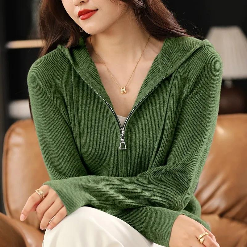 Женский осенне-зимний свитер с капюшоном, толстой вязки, на молнии, кардиган с карманами, базовая одежда
