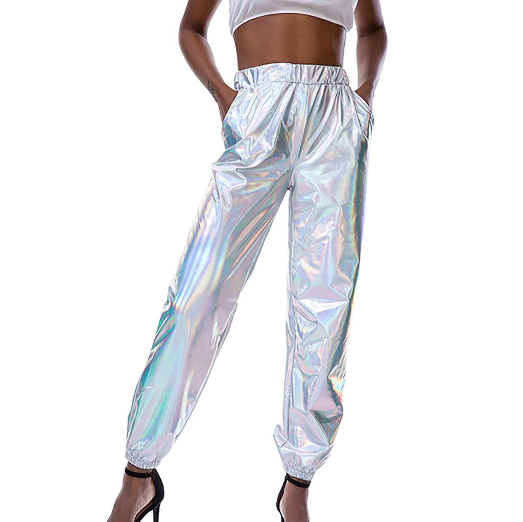 Женские блестящие эластичные спортивные брюки свободного кроя, повседневные леггинсы для бега, вечеринки, дискотеки, клубная одежда