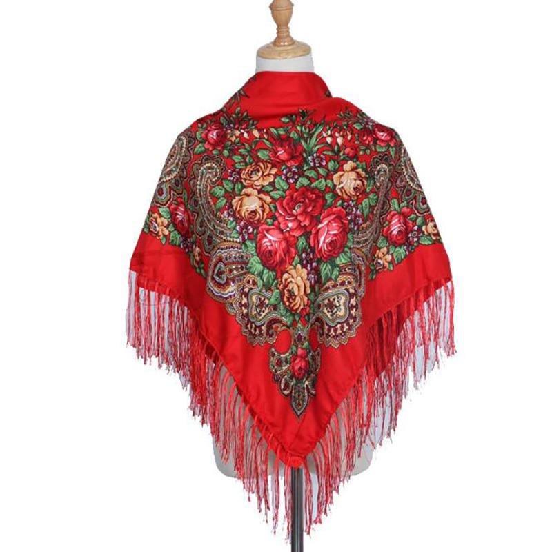 Retro Women's Tassel Shawl Floral Printed Cotton Vintage Lady Fringed Long Tassel