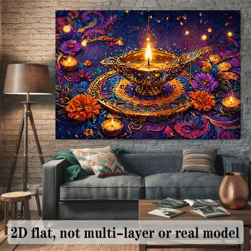 2D Diwali Diya Lamp Photography Background with Colorful Flowers