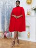 AOMEI Party Dresses for Women Stand Collar Pleated Cape Sleeve Loose Midi Dresses Elegant Lady Evening Wedding Birthday Events Red Outfit