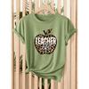 Leopard print Apple teacher life print for women T Shirt 2026 Spring and summer fashion short sleeves Casual loose-fitting slimming top for daily