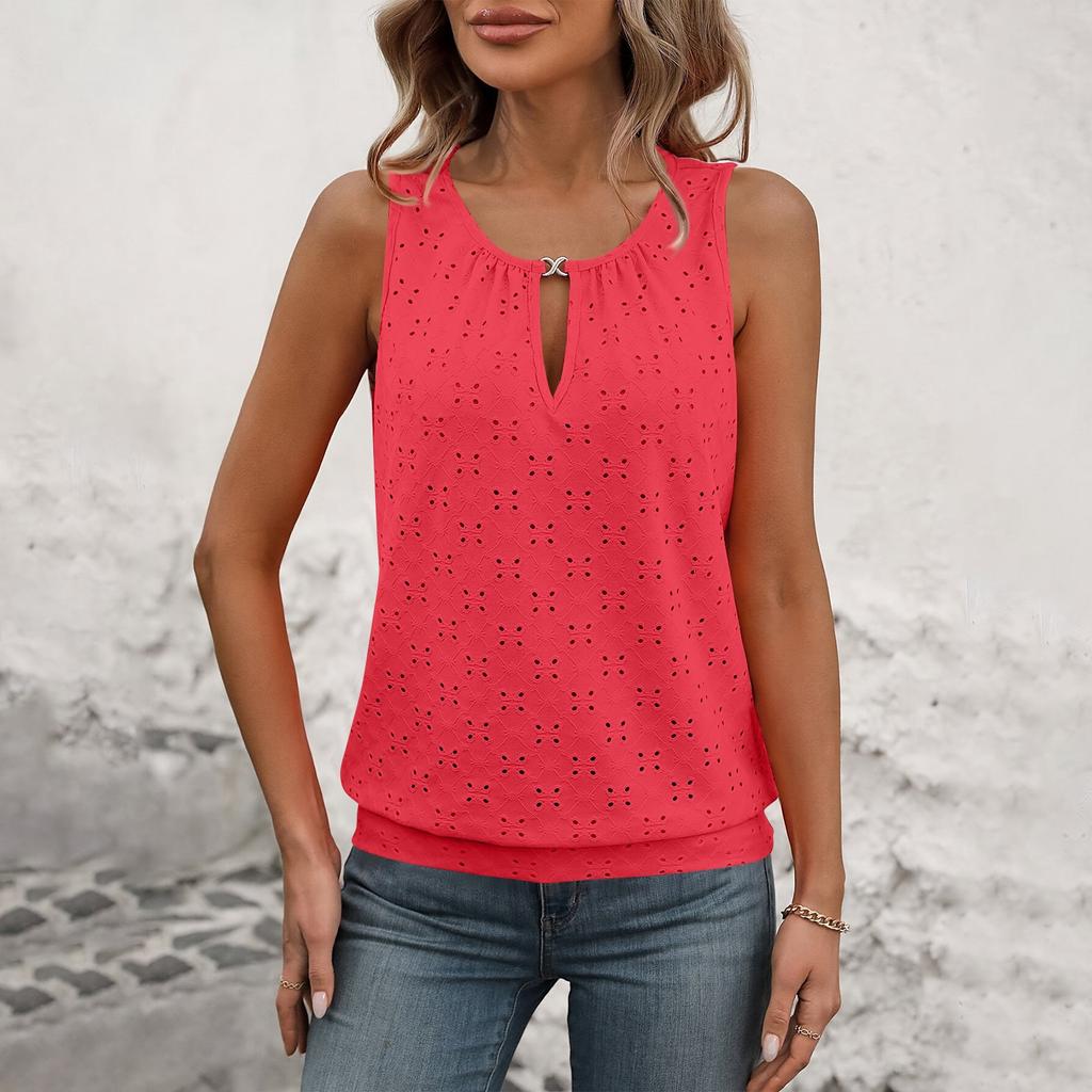 Женская модная однотонная футболка без рукавов с пряжкой и круглым вырезом