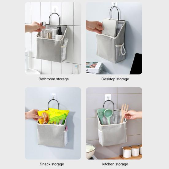Storage Hanging Bag Large Capacity with Mesh Pocket Multi-functional Bedside Cotton Linen Organising Storage Bag