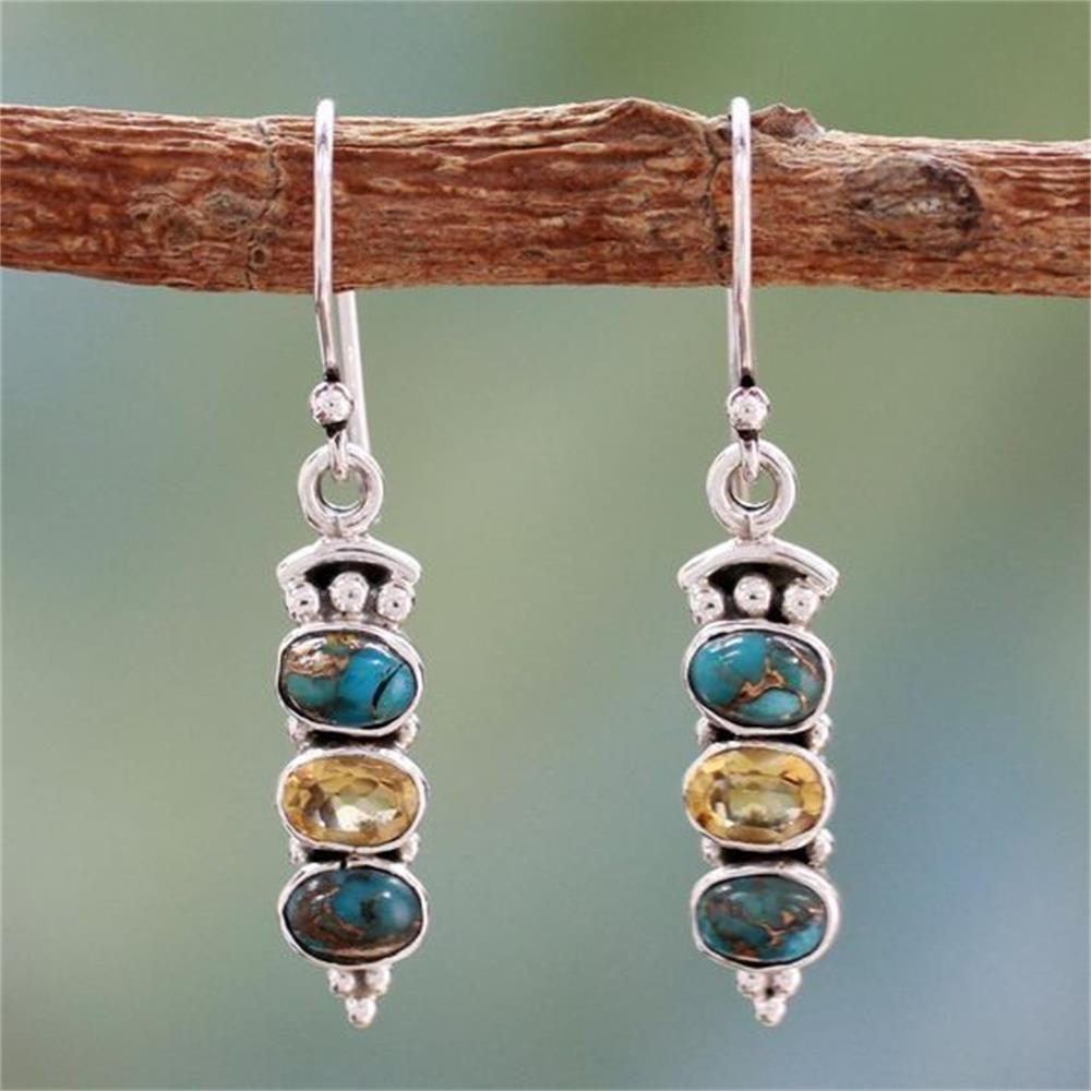 1Pair Chic Dangle Hook Vintage Jewelry Multi-Gemstone Ear Stud Moonstone Earrings Turquoise Amethyst
