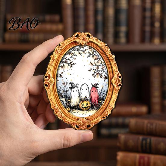 Decorative Metal Cabinet Magnets Halloween Wooden Frame Refrigerator Magnet, Retro Oval Fridge Magnet Pumpkin Ghost Magnetic Decoration for