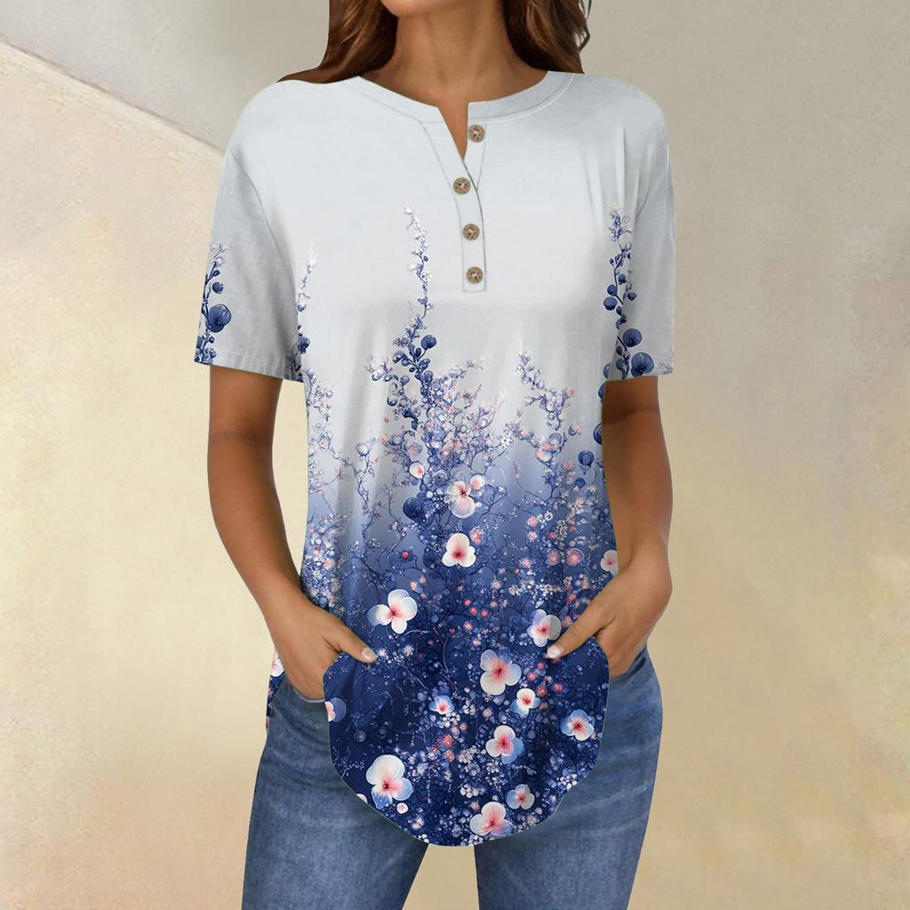 Short Sleeve Womens Tops Summer T-Shirts Floral Print V Neck Casual Basic Tee Button Shirts Tunic Tops