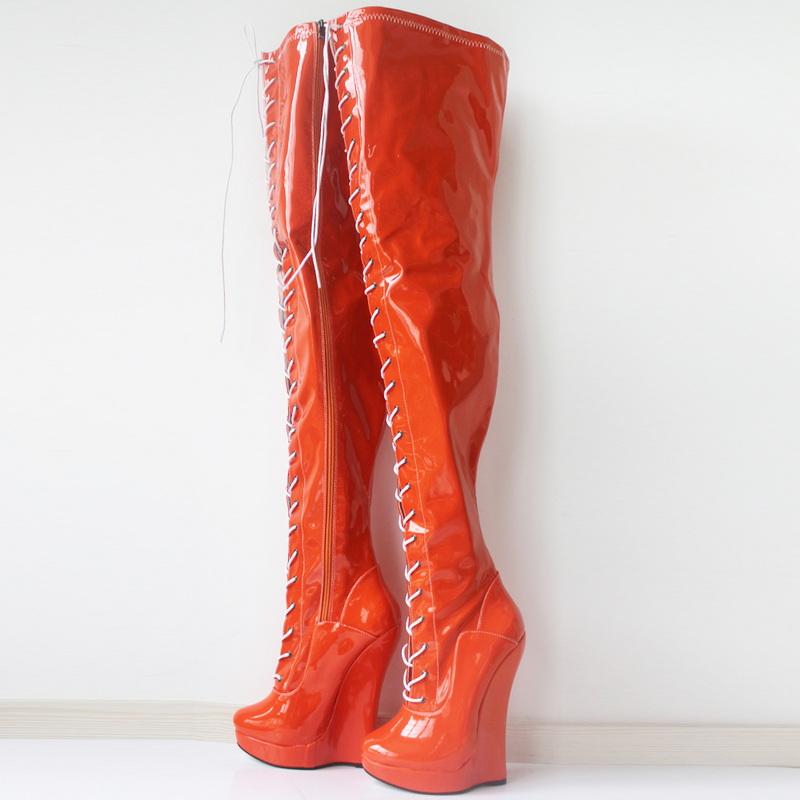 FHC Экстремально высокие 7"/18 см клиновидные каблуки ботфорты до промежности, лакированные ботфорты до бедра, шнуровка, сексуальная платформа, молния, балетки, черные