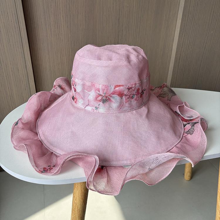 Printed double-layer wavy edge mesh yarn hat, fashionable and elegant vacation beach hat, large edge sun protection and sunshade cool hat