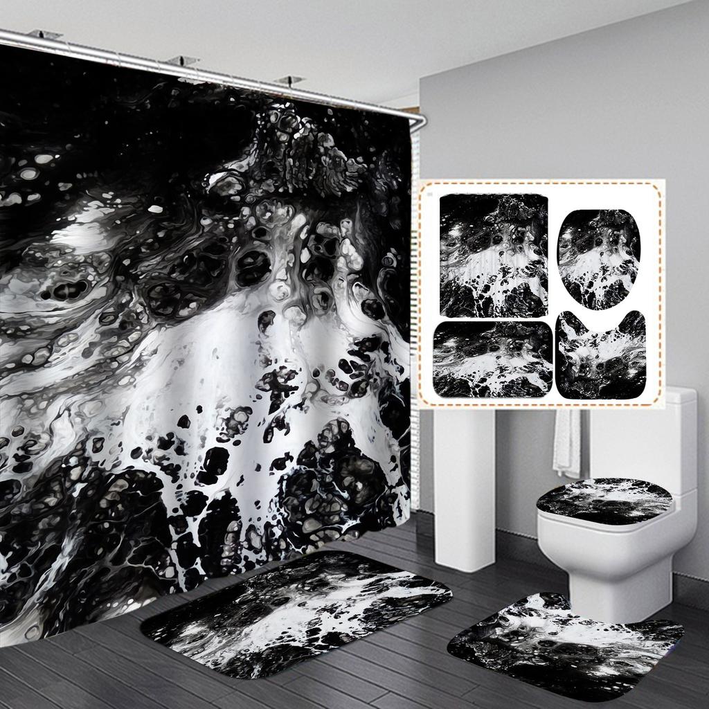 4Pcs Luxury Marble Shower Curtain Sets Bathroom Decor Sets with 12 Hooks Bath Mat Toilet Lid Rug and Non-Slip U Shape Mat