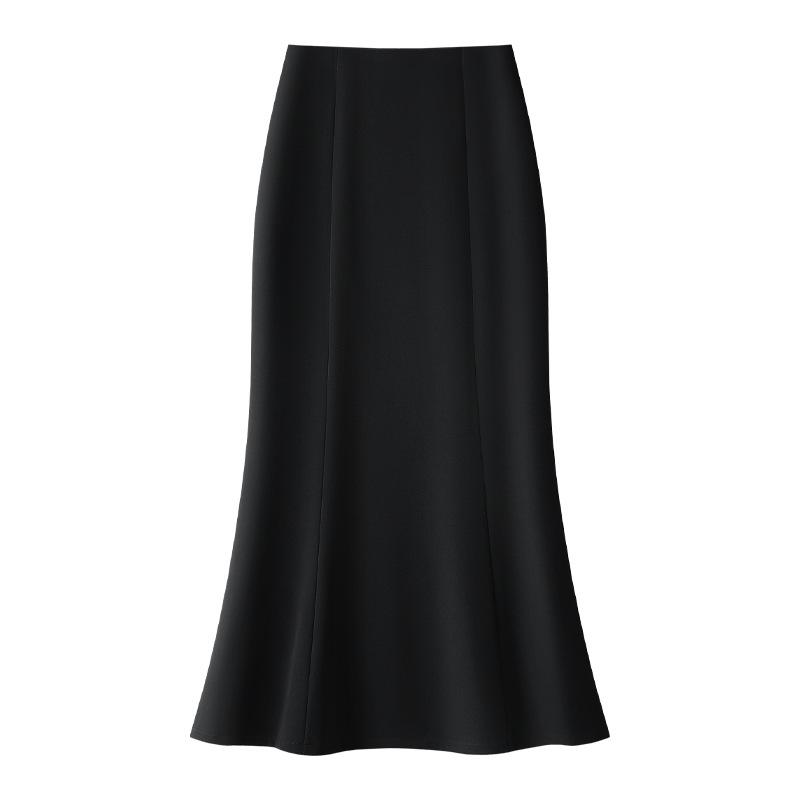 Women's High-Waist Black Fishtail Midi Skirt - Spring 2025 Collection, Elegant Mid-Length Bodycon Design