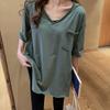 Футболка из хлопка с разрезами по краям, женская летняя, свободная и тонкая, с V-образным вырезом, корейская версия, длинная, с короткими рукавами и V-образным вырезом