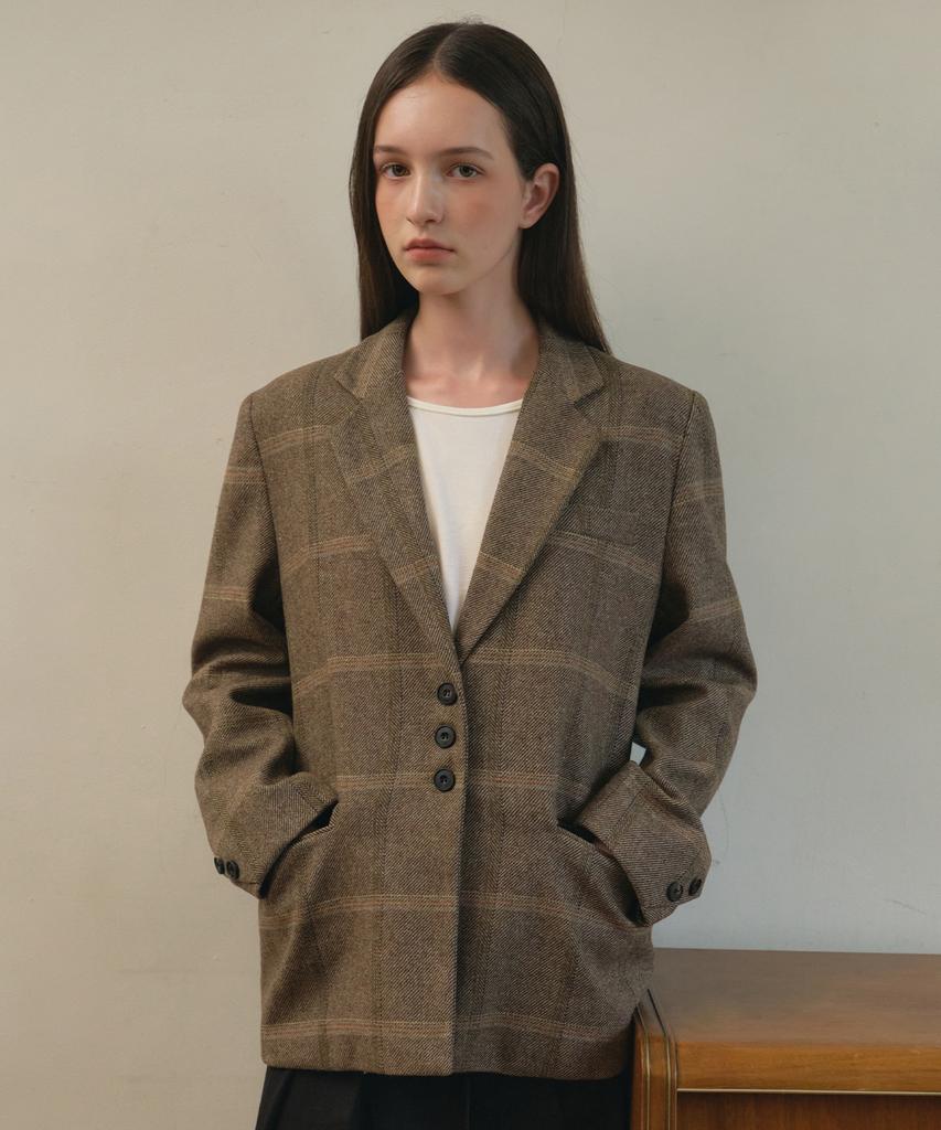 Ournostalgia Vintage Wool Check Tailored Half Jacket_Brown(O25-Ot03)