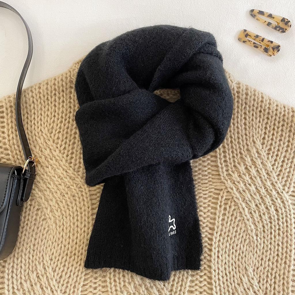 Autumn and Winter Retro Wool Student Scarf for Women Korean Embroidered Rabbit Warm and Versatile Knitted Scarf Solid Color Shawl