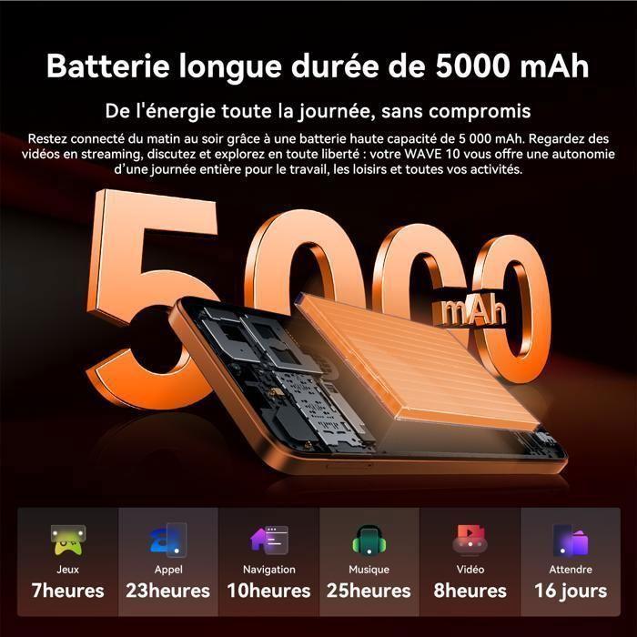 Refurbished - Blackview WAVE 10 Smartphone 6.88" 120Hz 24Go(8+16) + 128Go/jusqu'à 2To 5000mAh Android 16 32MP Téléphone 4G Double Sim GPS - Orange