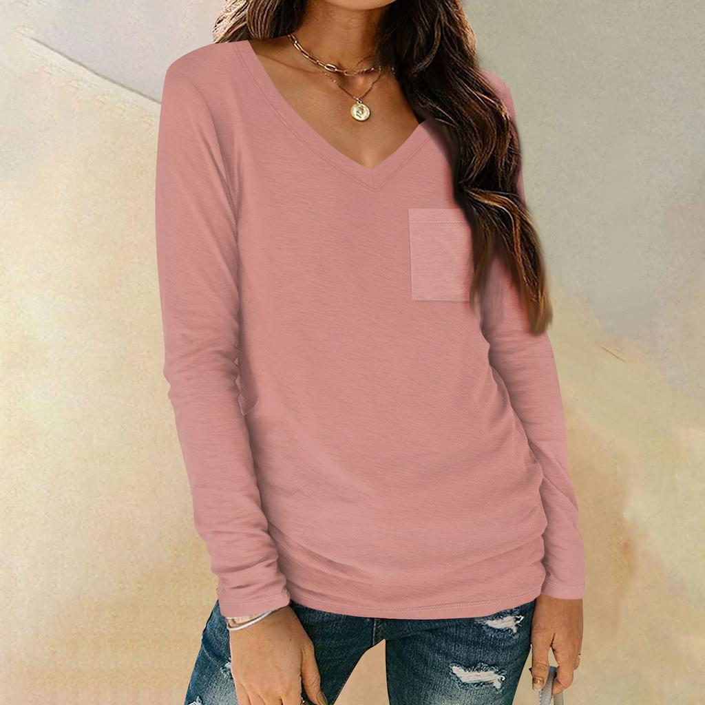 Women's Shirt V-Neck Casual Top With Pocket Fashion Solid Color Long Sleeve
