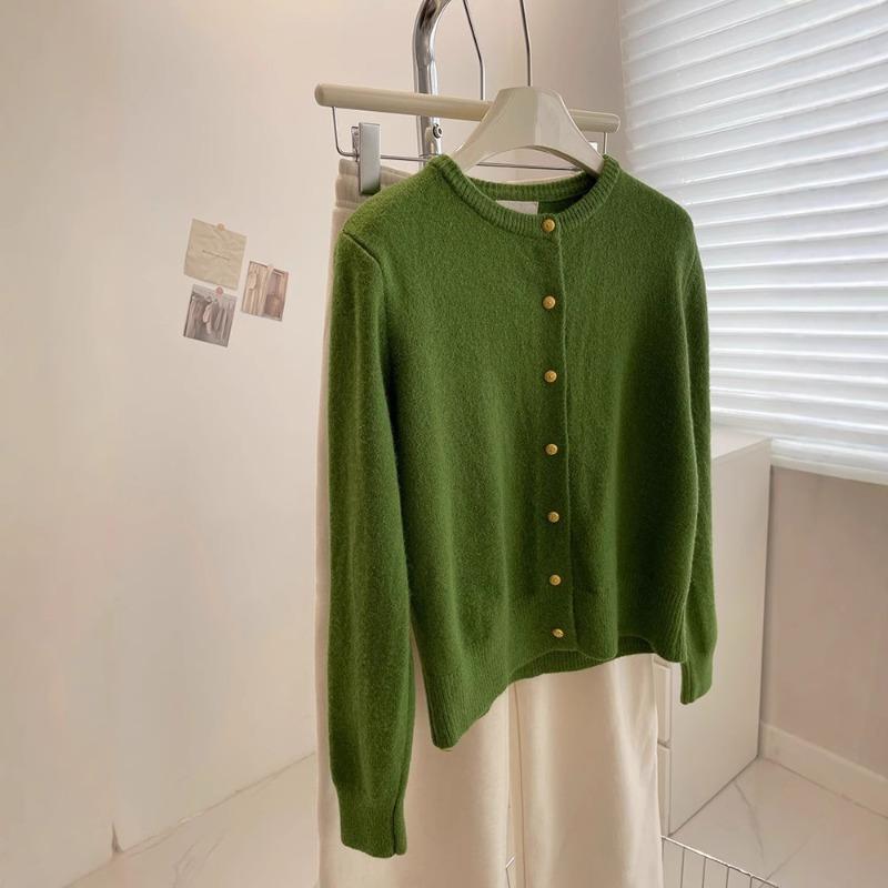 Пудра из белой малины, маленький золотой пуговичный вязаный кардиган, женский осенне-зимний мягкий восковой утолщенный теплый свитер-куртка с круглым вырезом