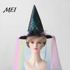 Fashionable Theme Event Hat Halloween Star Witch Hat, Mesh Veil Rose Feather Cone Black Costume Headwear for Women, Gothic Party Headwear, Adult