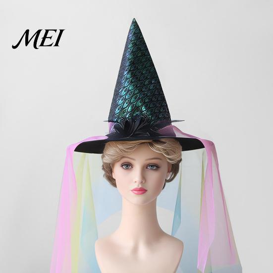 Fashionable Theme Event Hat Halloween Star Witch Hat, Mesh Veil Rose Feather Cone Black Costume Headwear for Women, Gothic Party Headwear, Adult