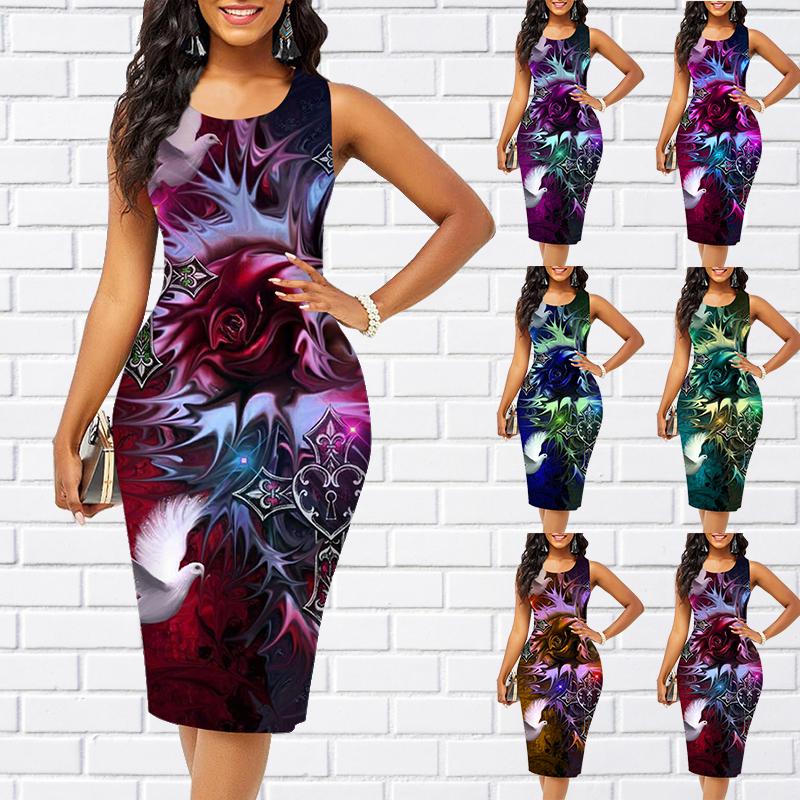 2022 Women's Dress Sling Summer Print Dresses Tight Sleeveless Slim Fit Sexy Fashion Top Clothing