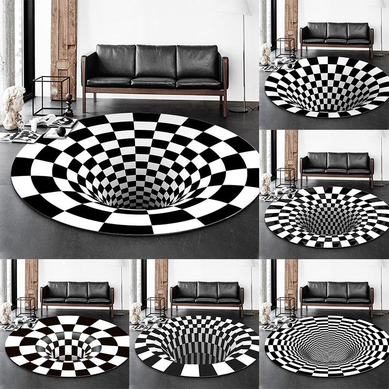 Disney Black White Plaid 3D Visual Carpet Circular Vortex Living Room Coffee Table Sofa Floor Mat Bedroom Home Decor Rug