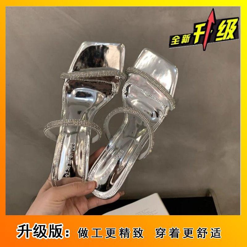 Повседневная модная обувь на высоком каблуке, сандалии, женская летняя новинка, квадратный носок, тонкий каблук, стразы, шлепанцы