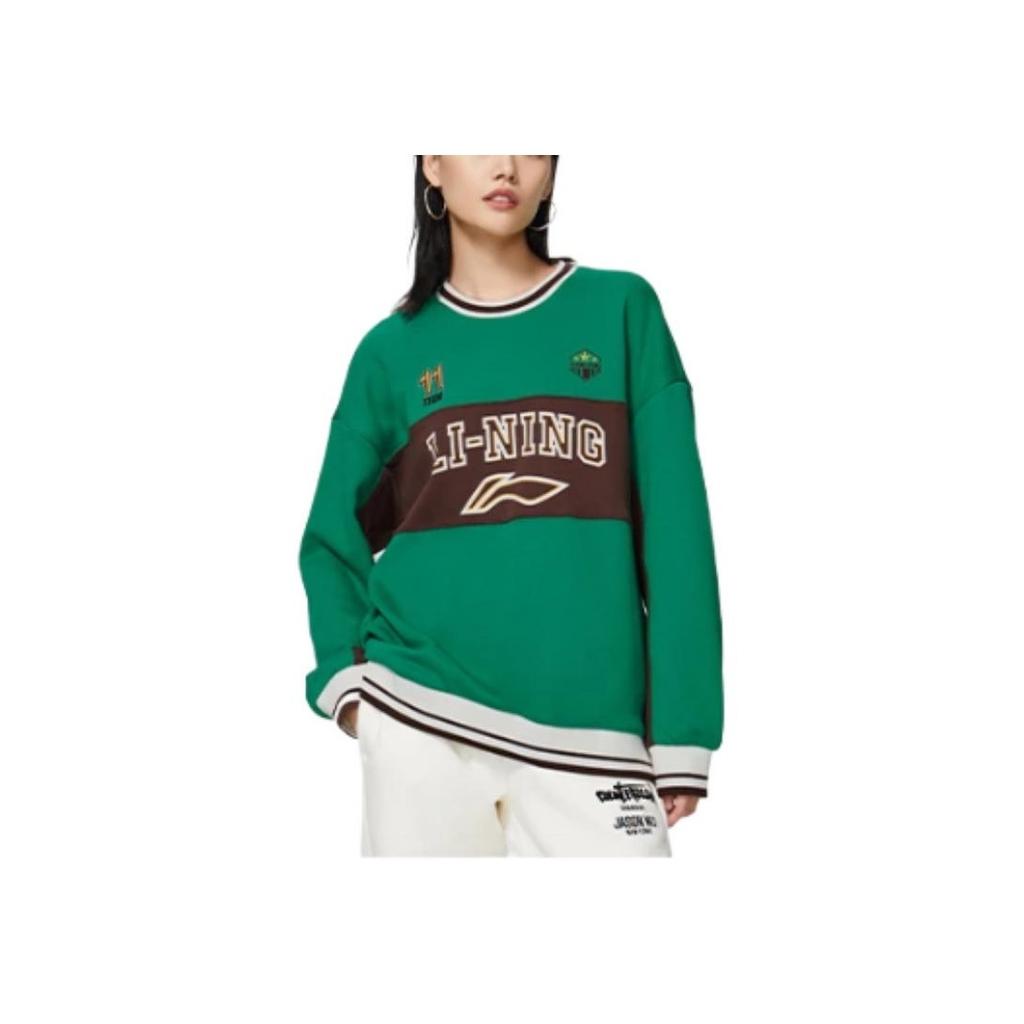 Li Ning Sports Lifestyle Series Logo Embroidered Loose Round Neck Long Sleeve Sweatshirt Women Sweatshirt Green AWDSH70-5