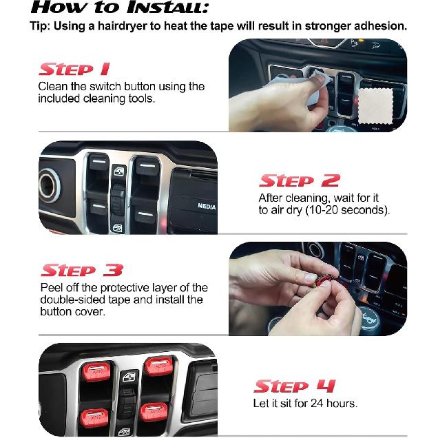 4PCS Upgraded Window Switch Button Cover Compatible with Jeep Wrangler JL JLU 2018-2025 and Gladiator JT 2024 2025 Wrangler 4xe Interior