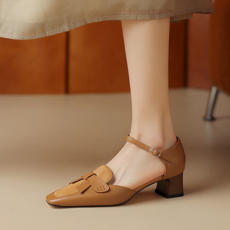 Осенне-летняя обувь из коровьей кожи с квадратным носком и конским волосом на среднем каблуке, женские туфли-лодочки на плоской подошве в лаконичном стиле с дизайном «бабочка» и ремешками на щиколотке