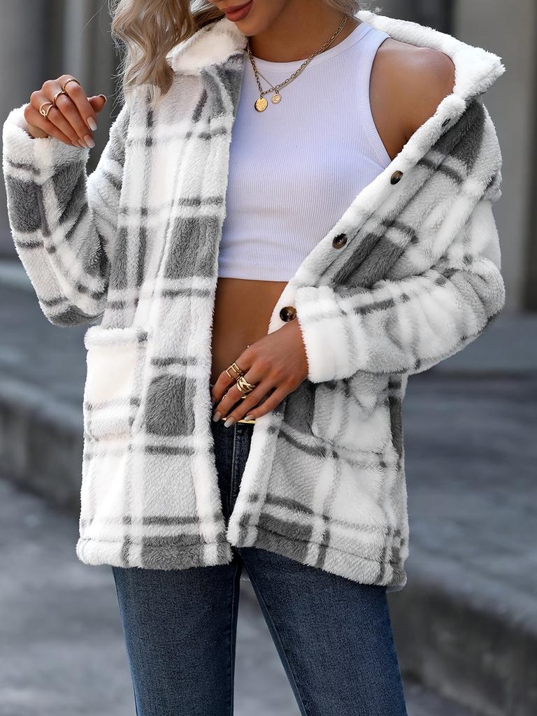Women'S Plaid Check Faux Fur Coat with Double Pockets - Stylish Fall/Winter Outerwear, Button-Up, Fall Winter Coat | Check Pattern Coat