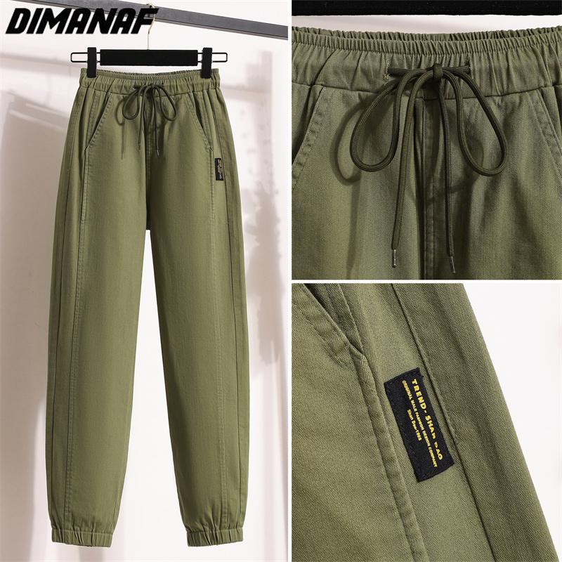 DIMANAF 2025 Большие размеры Длинные брюки Женские Эластичные Свободные С высокой талией Винтажные Однотонные Свободные Повседневные Женские Базовые брюки Зеленый Черный
