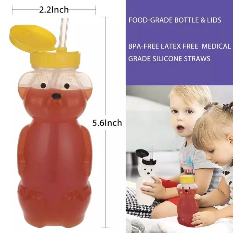 Cute Bear Shaped Bottle Plastic Drink Container Cartoon Honey Bear Straw Cup with Flexible Straws for Milk Juice Honey Storage