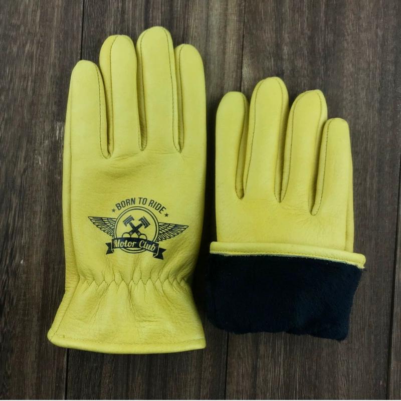 Unisex Motorcycle Rider Cowhide Gloves Classic Black & Yellow Vintage Leather Cycling & Outdoor Riding heavy Duty Work Luvas