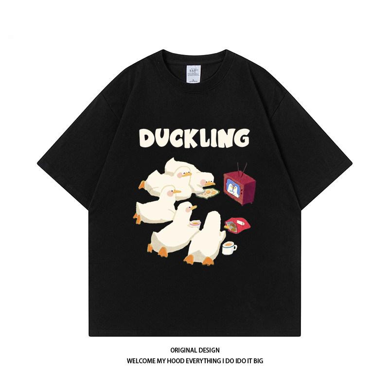Pure Cotton Fun Tv Watching Duck Printed Couples Identical Style Streetappropriate Loose Retro Shortsleeved Tshirt