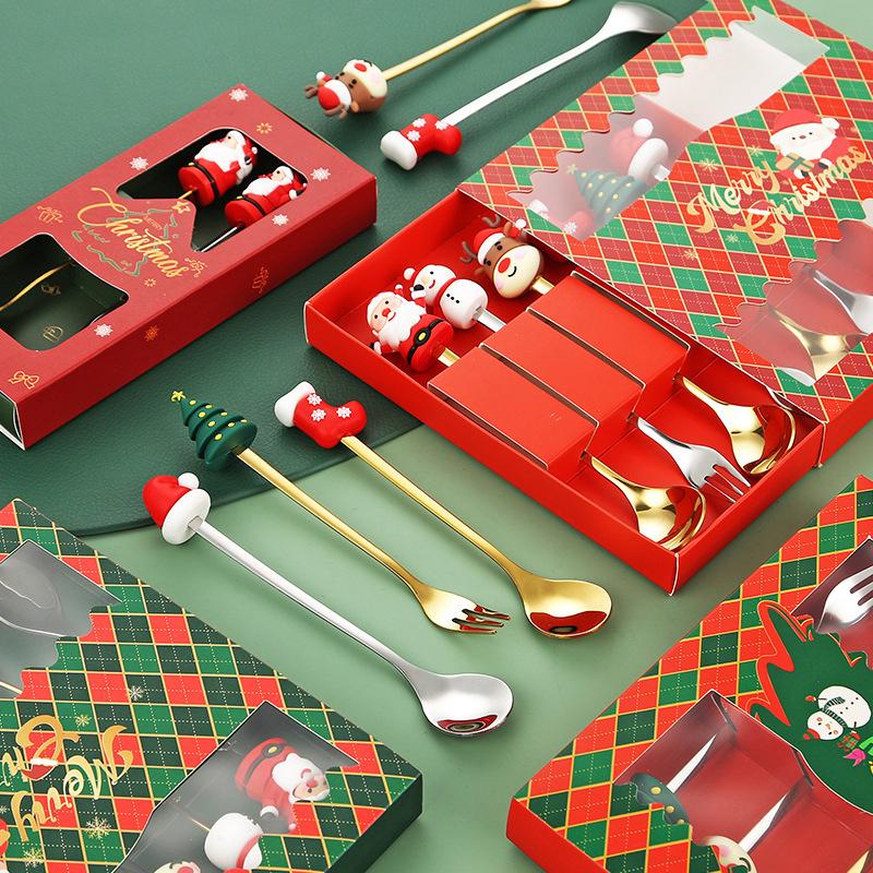 Рождественский набор вилок и ложек, Рождественская подарочная коробка с посудой, Посуда из нержавеющей стали, Вилка и ложка для кофе, чая и десерта
