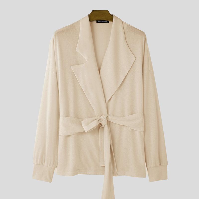 INCERUN Мужские весенние свободные топы с длинным рукавом и перекрестными лацканами