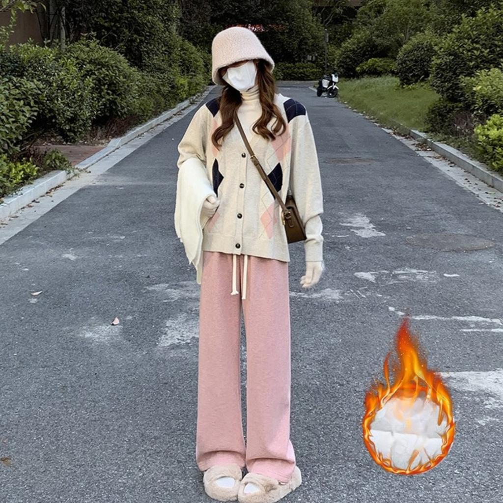 Плюшевые, Вязаные брюки, Женские брюки, Плюшевые, Утепленные, Брюки с высокой талией, Свободные, Повседневные брюки, Брюки прямого кроя, Брюки широкого кроя