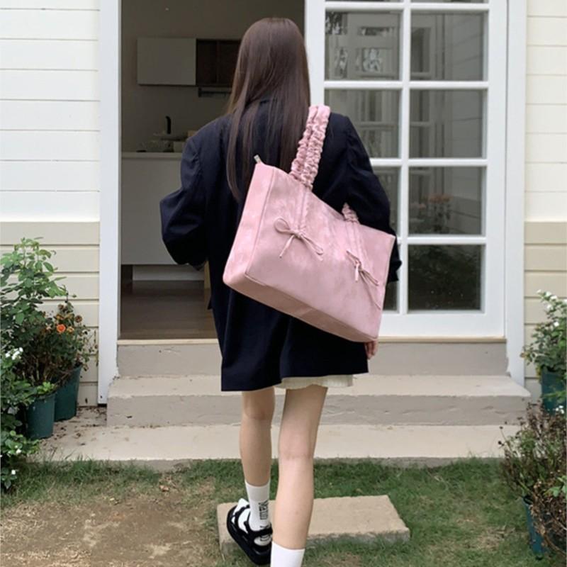 Sweet Cute Pink Bow Tote Bag Women Large Capacity Pleated Handle Shoulder Bag Ladies Casual Versatile Crossbody Purse Chic 2025
