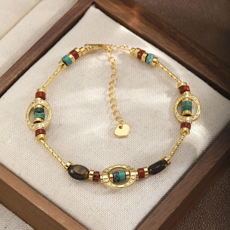 Boho Chic Geometric Stone Beaded Bracelet With Gold-Tone Metal Accents Vintage-Inspired Womens Handmade Jewelry
